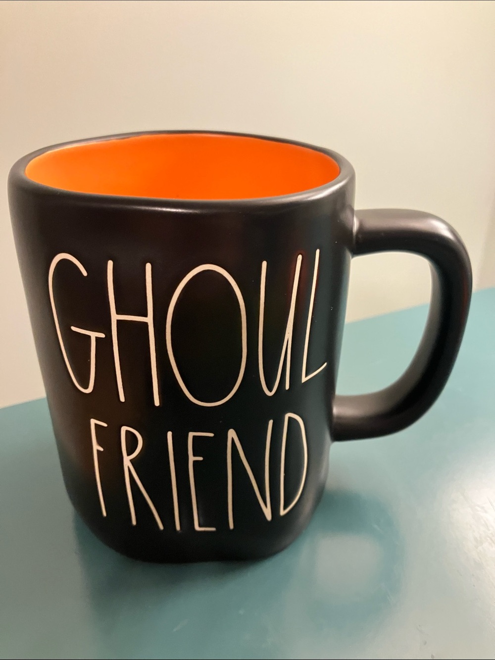 Rae Dunn GHOUL FRIEND Halloween Black Mug with Orange Interior spooky funny